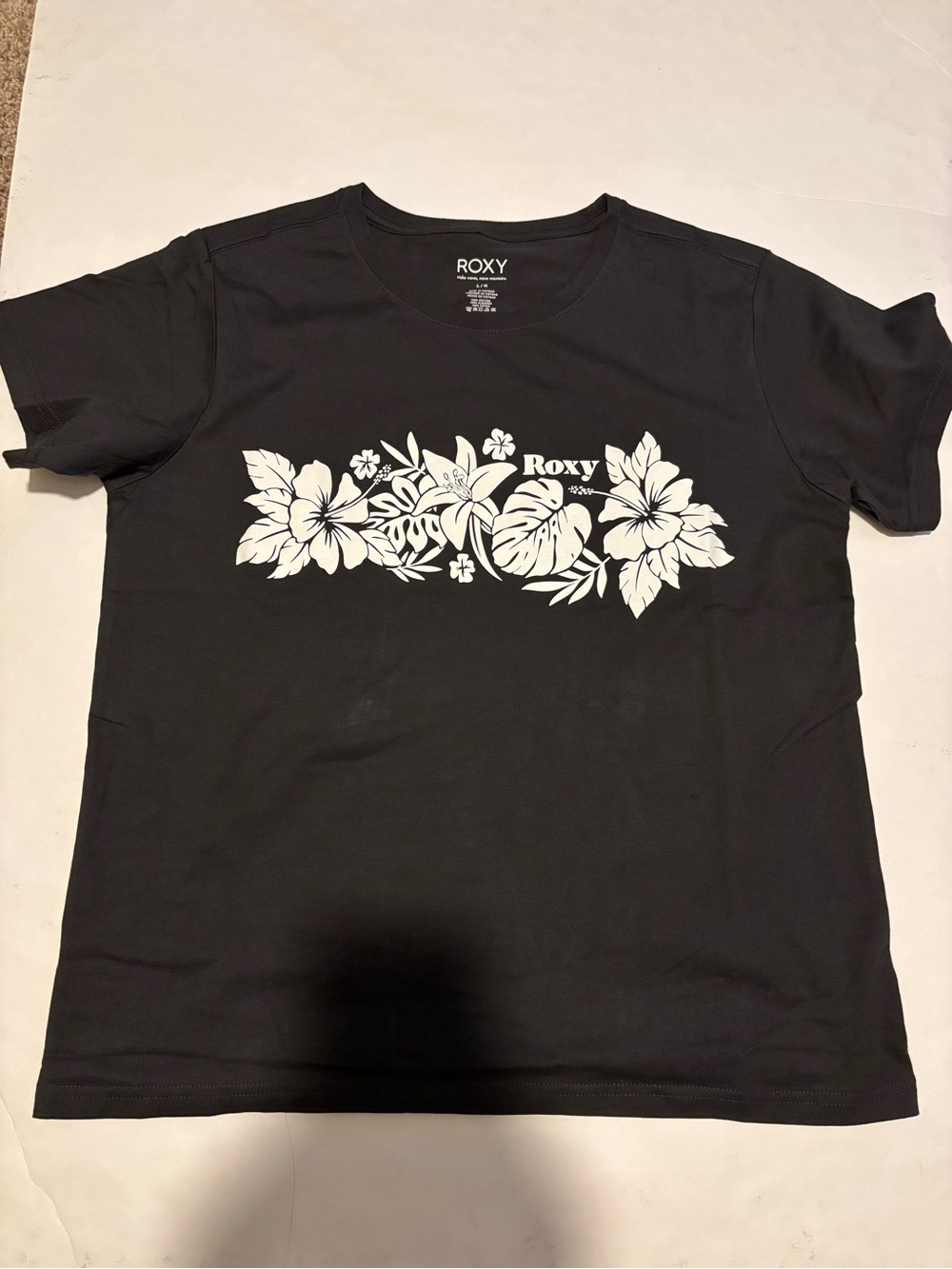 Roxy Black Tee with White Floral Logo